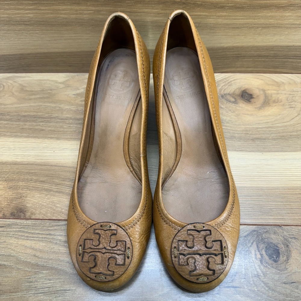 Tory Burch Sally‎ Wedge Pumps Womens 8 M Cognac Leather